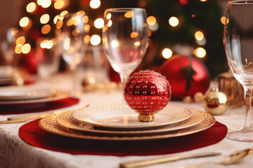 Festive Christmas table setting with holiday themed plates and cutlery. Generative AI