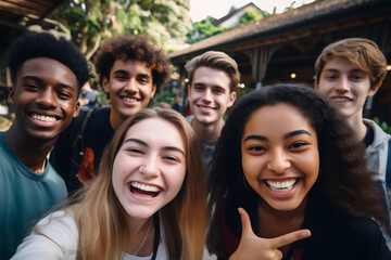 group of young multi cultural students of university posing for group selfie photo. Wide smiles fun and laughter.