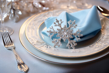 Frosty white Christmas winter inspired table setting with snowflake. Generative AI