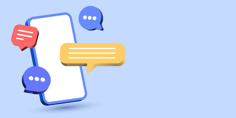Mobile phone with chat message speech bubble icon. social media and social network online communication background - 3d smartphone with blue chatting speech bubbles. vector illustration - obrazy, fototapety, plakaty