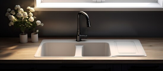 Aerial 3D illustration of a light colored faucet in a kitchen sink with a black ceramic floor Details include stools flower and artificial lamp light Copy space image Place for adding text or d