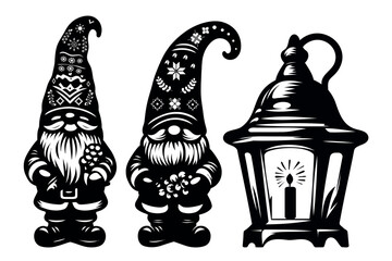 Dwarves and flashlight, vector set of silhouettes on a transparent background.