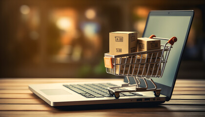 Concept of online shopping with a miniature shopping cart in front of a laptop, - obrazy, fototapety, plakaty