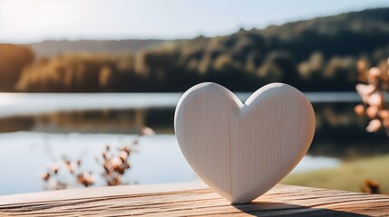 Close up of a white wooden Heart in front of a beautiful Lake. Blurred natural Background