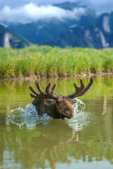 Moose swimming in lake with big horns on mountain background
