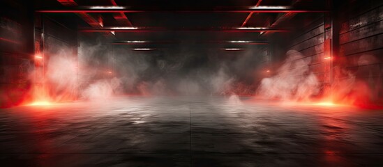 Naklejka premium 3D illustration of a dark underground garage with a red neon laser line glowing on concrete walls and floor creating a smoke fog effect Copy space image Place for adding text or design