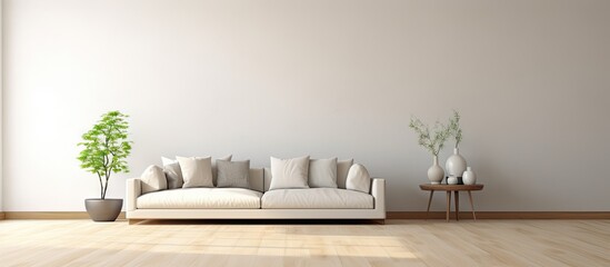 3D rendering of a modern living room with a minimalist interior Copy space image Place for adding text or design