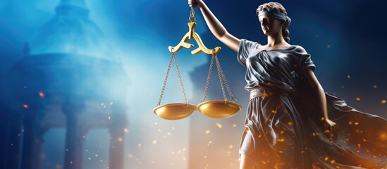 3D illustration of Lady Justice with EU flag in bright background Copy space image Place for adding text or design - obrazy, fototapety, plakaty