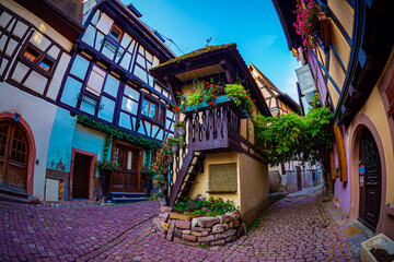 The beautiful colorful half timbered houses of  Alsace village Equisheim -  France 