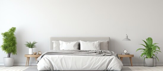 3D illustration of a white minimalist Scandinavian bedroom in a spa resort Copy space image Place for adding text or design