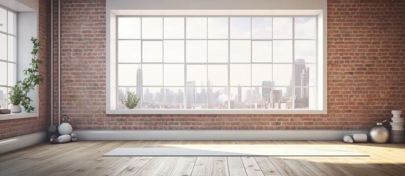 3D rendering of a modern yoga studio with city view and brick wall Copy space image Place for adding text or design