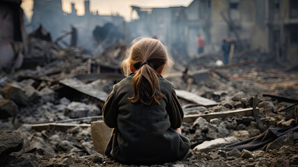 A frightened little girl hopes for her mother's return in a war-torn town - obrazy, fototapety, plakaty