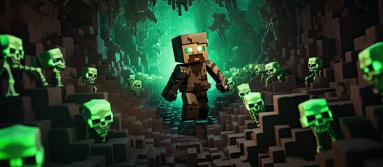3D image of a Minecraft character exploring a cave with undead creatures Copy space image Place for adding text or design - obrazy, fototapety, plakaty