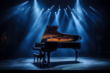 Musical instrument grand piano in the music hall performance of the artist on a dark