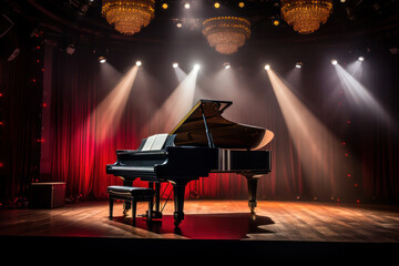 Musical instrument grand piano in the music hall performance of the artist on a dark background