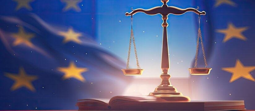 3D illustration of Lady Justice with EU flag in bright background Copy space image Place for adding text or design