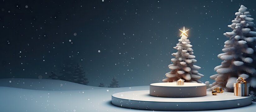 3D rendering with Christmas tree for product presentation on podium Copy space image Place for adding text or design