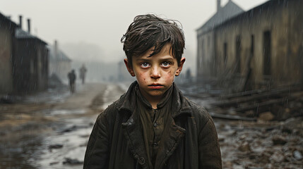 Fototapeta na wymiar A child in war, with a blank expression devoid of hope