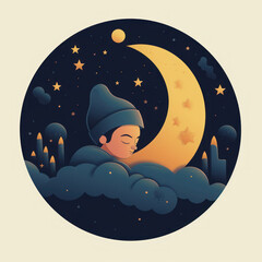 Sleeping Moon Beautiful Crescent Moon in Dark Night Sky Concept of Children's Sleep and Dreams Flat Illustration