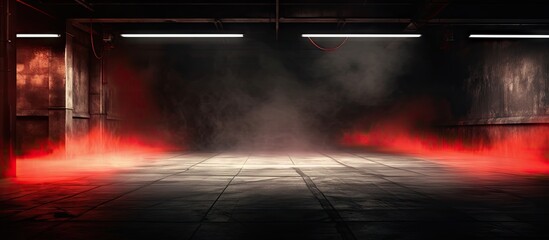 3D illustration of a dark underground garage with a red neon laser line glowing on concrete walls and floor creating a smoke fog effect Copy space image Place for adding text or design