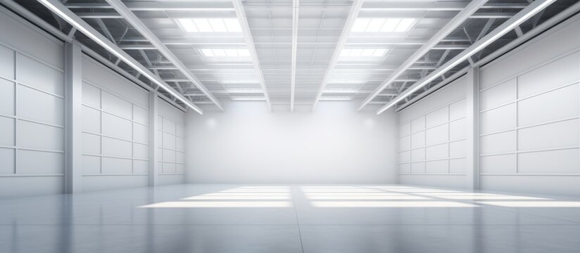 Clean empty factory or storehouse with 3D interior rendering Copy space image Place for adding text or design