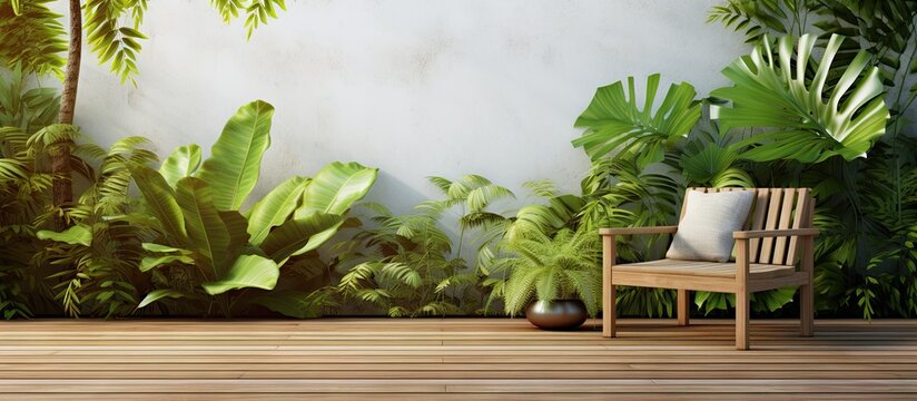 3D rendered wooden terrace in a tropical garden featuring a wooden floor green plant fence wood and white fabric chair and surrounded by nature Copy space image Place for adding text or design