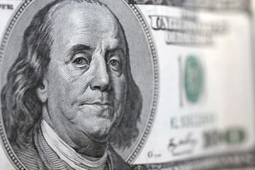 Closeup of Ben Franklin on a one hundred dollar bill for background