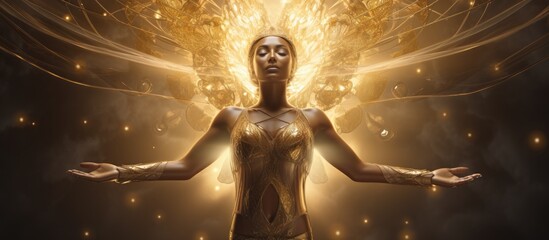 3D image of a glowing goddess with multiple arms in a meditative state Copy space image Place for adding text or design