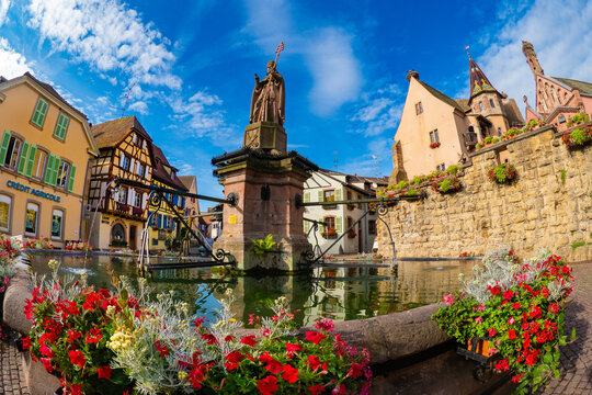 The beautiful colorful half timbered houses of  Alsace village Equisheim -  France 