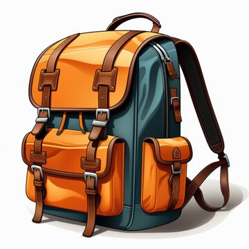An orange and blue backpack on a white background. Realistic clipart on white background