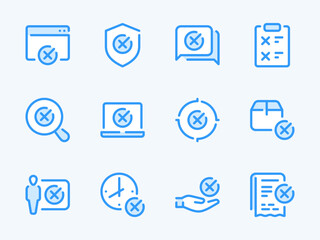 Cancellation and Rejection vector line icons. Cross, Delete, Remove, Cancel and Reject outline icon set. Web Page, Laptop, Protection, Target, Delivery Box, Clipboard and more.