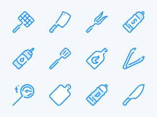 Grill Accessories and Barbecue Equipment vector line icons. Cooking Appliances outline icon set. Grill Basket, Tongs, Thermometer, Spatula, Ignition Fuel, Cutting Board and more.