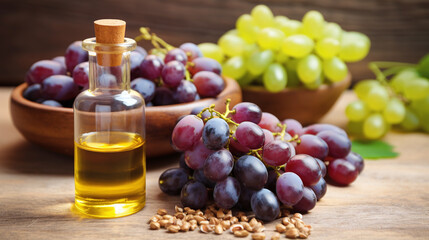 Still life with grape seed oil in bottles with grapes and grape seed and leaves as decortation 