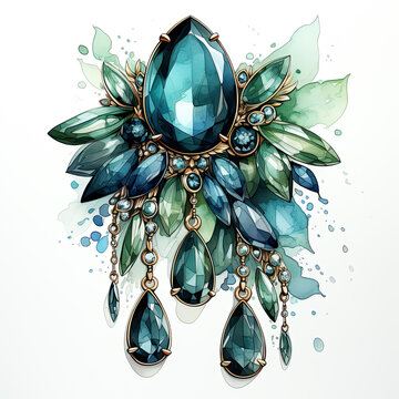teal gemstone brooch watercolor style clip art preview