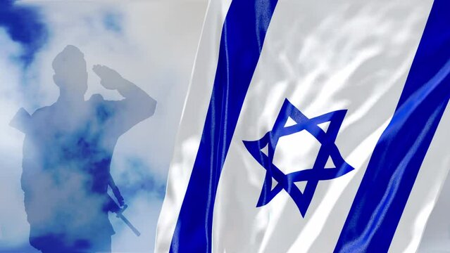 Israeli soldier silhouette saluting of Israel Flag. Video concept: Israel Memorial Day for Fallen Soldiers, IDF, Israeli soldiers, Remembrance Day, Flag Israel, Independence Day, Israeli army. 3D, 4K