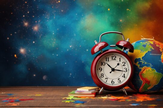 the alarm clock is on the table with a stack of books and a globe. study time. return to school