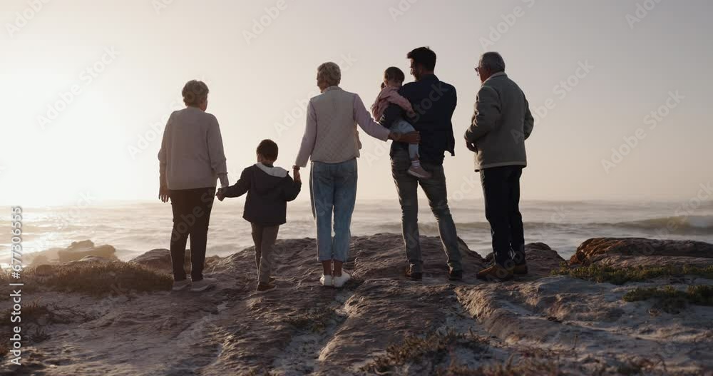 Canvas Prints Big family, holding hands or children at beach for sunset to relax with grandparents on summer holiday. Dad, mom or back view of young kids bonding with grandmother or grandfather at sea together