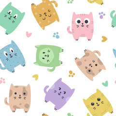 Seamless background, pattern, cute cats with hearts and paw marks. Vector baby illustration