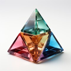 A pyramid of colored glass blocks on a white surface.