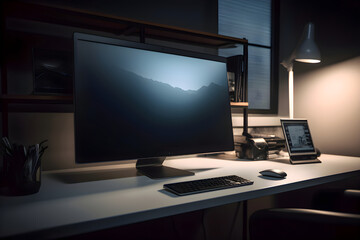 Workplace with computer on table in dark room. 3d rendering.