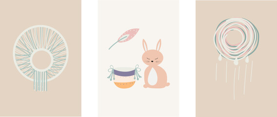 A collection of charming Scandinavian style boho baby cards featuring adorable doodle children clipart.Cute cartoon bohemian nursery posters.For shower invitations, posters, and more.