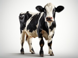A black and white cow standing in front of a white background.
