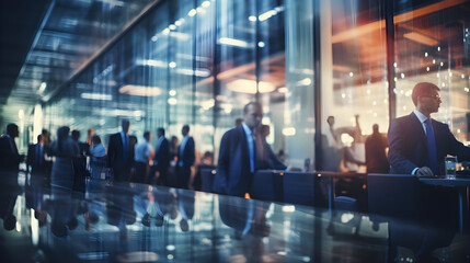 Blurred business people meeting in a modern office building conference room, - obrazy, fototapety, plakaty