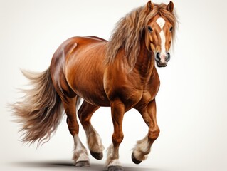 A brown horse with a long mane running.