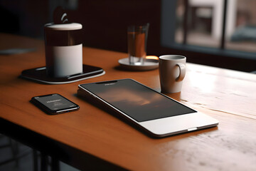 Modern smartphone and cup of coffee on wooden table in cafe. closeup