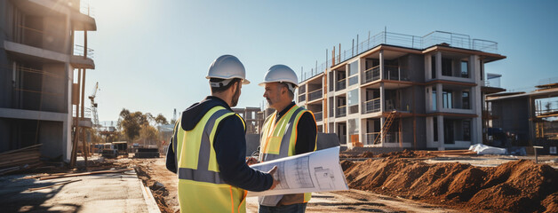 Contractor and a co worker in a discussion at building site  - obrazy, fototapety, plakaty