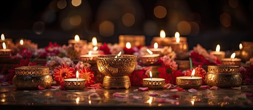 Bangladeshi cultural program showcases stunning wedding decorations with props and candlelight Copy space image Place for adding text or design