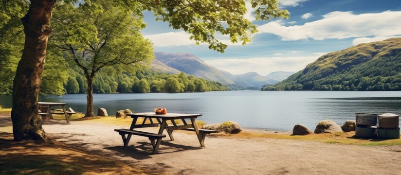 Beachside picnic area in Loch Lomond Scotland UK Copy space image Place for adding text or design