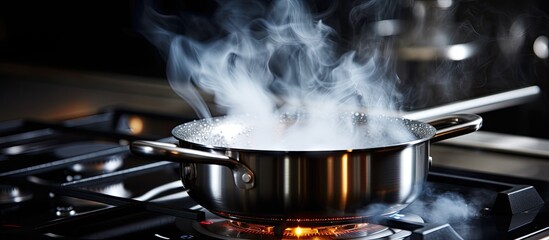 Boiling water on an induction stove in a kitchen Copy space image Place for adding text or design - obrazy, fototapety, plakaty