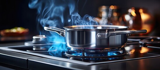 Boiling water on an induction stove in a kitchen Copy space image Place for adding text or design - Powered by Adobe
